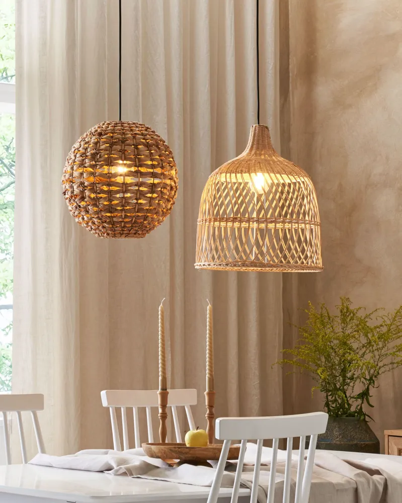 Candeeiro de teto em rattan cor autêntico PANGANI com Difusor Opalino