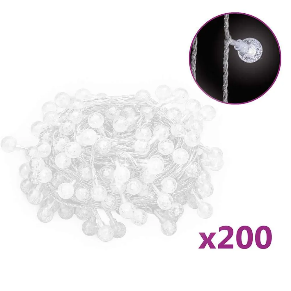 Cordão de luzes em globo 20 m 200 LED 8 funções branco gelado
