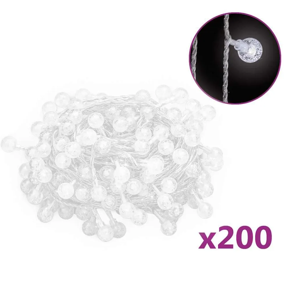Cordão de luzes em globo 20 m 200 LED 8 funções branco gelado