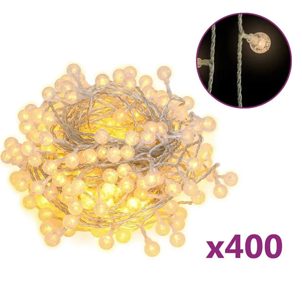 Cordão de luzes em globo 40 m 400 LED 8 funções branco aconchegante