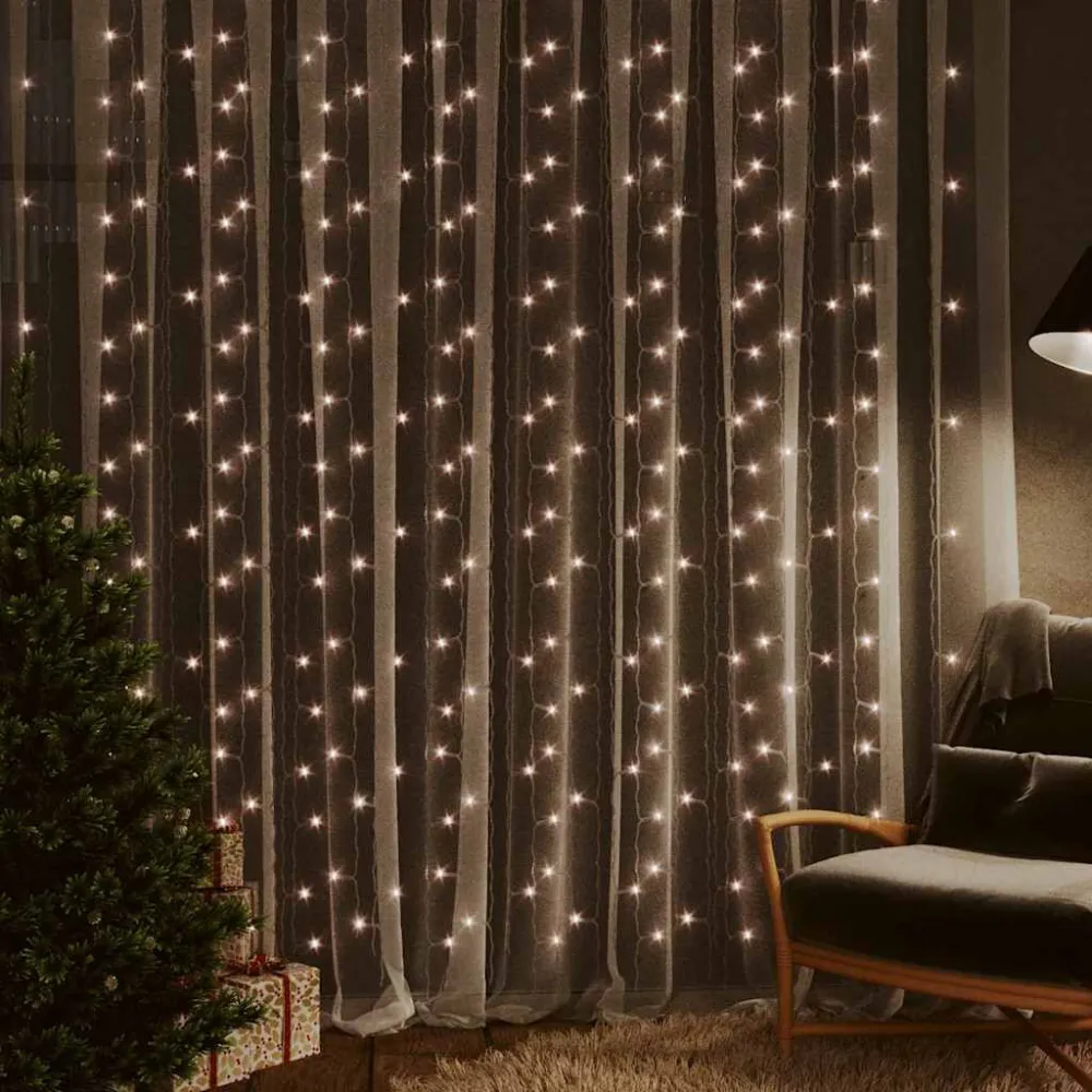Cortina iluminação 300 luzes LED 3x3 m 8 funções branco aquecido