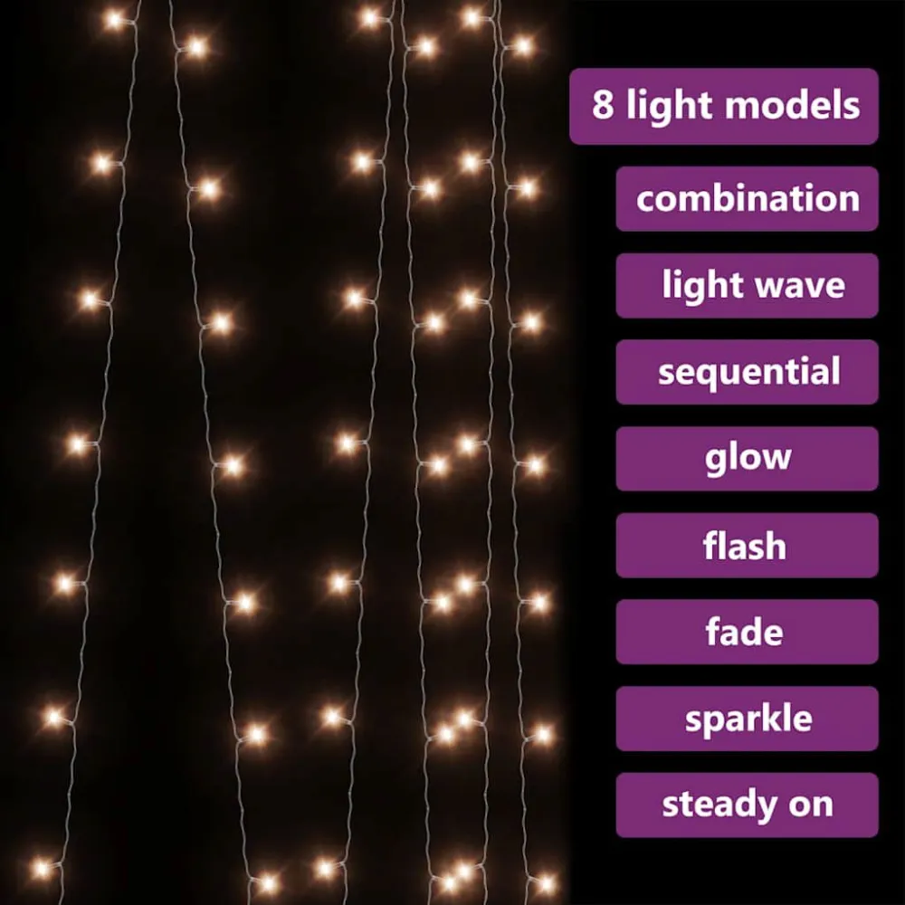 Cortina iluminação 300 luzes LED 3x3 m 8 funções branco aquecido