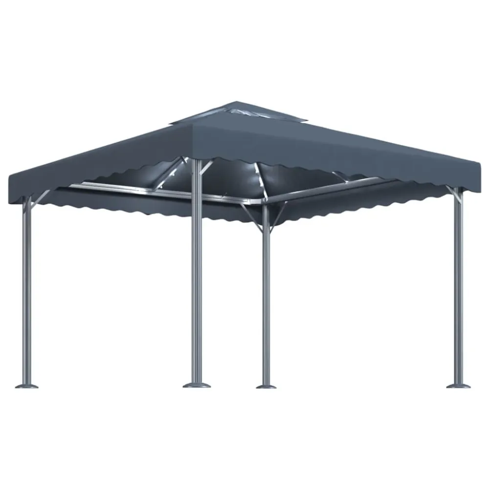 Gazebo com cordões de luzes LED 300x300 cm alumínio antracite com Painel Solar Integrado