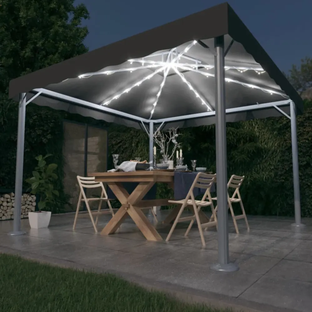 Gazebo com cordões de luzes LED 300x300 cm alumínio antracite com Painel Solar Integrado