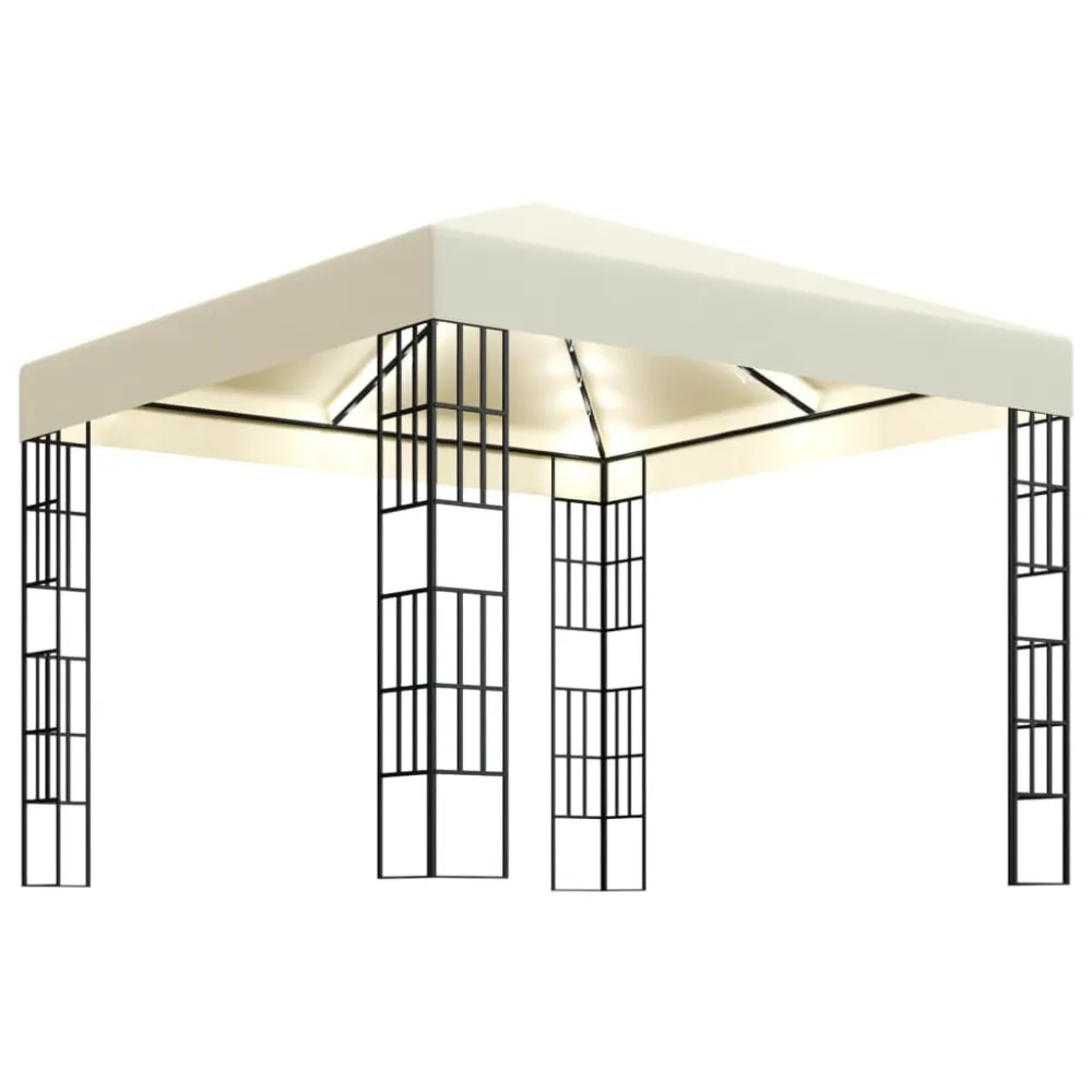 Gazebo com cordões de luzes LED 3x3 m cor creme para Jardim e Pátio