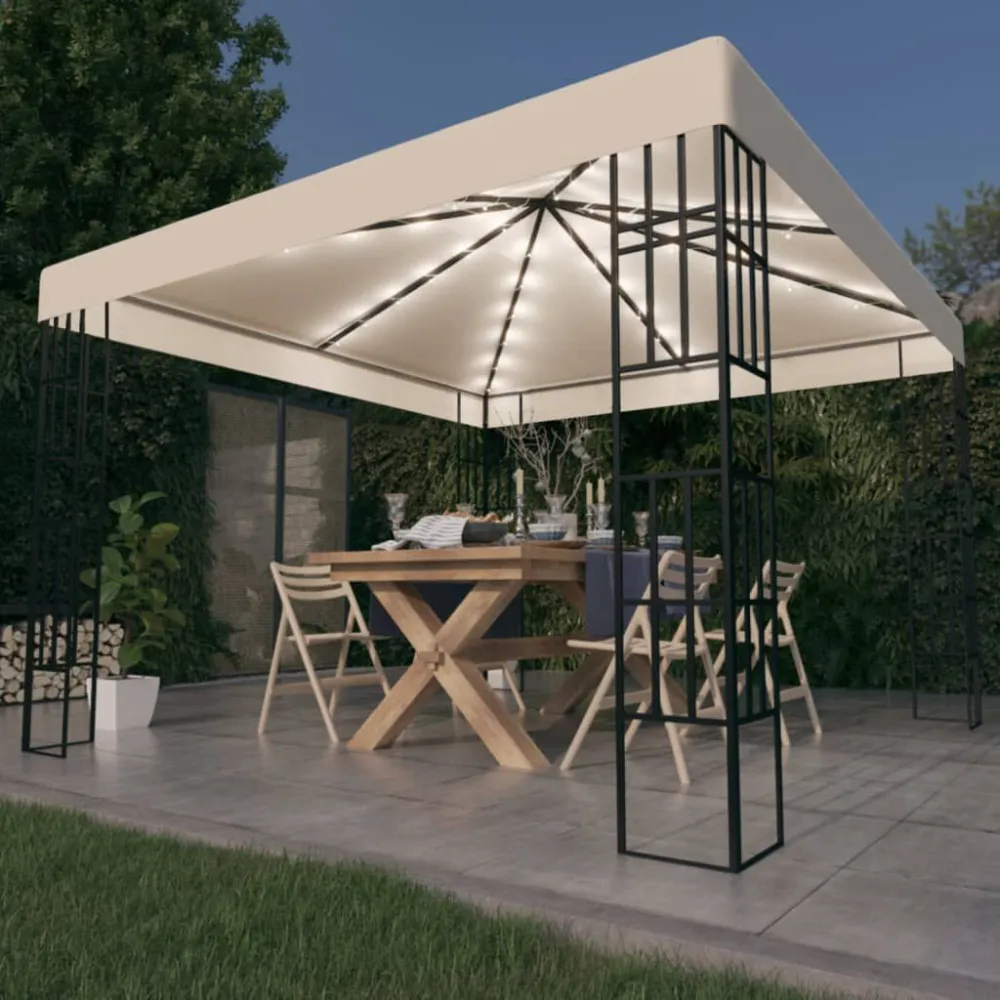 Gazebo com cordões de luzes LED 3x3 m cor creme para Jardim e Pátio