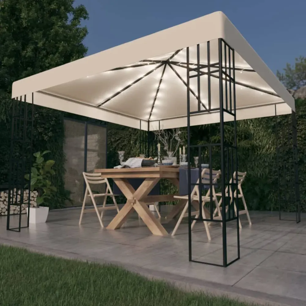Gazebo com cordões de luzes LED 3x3 m cor creme para Jardim e Pátio