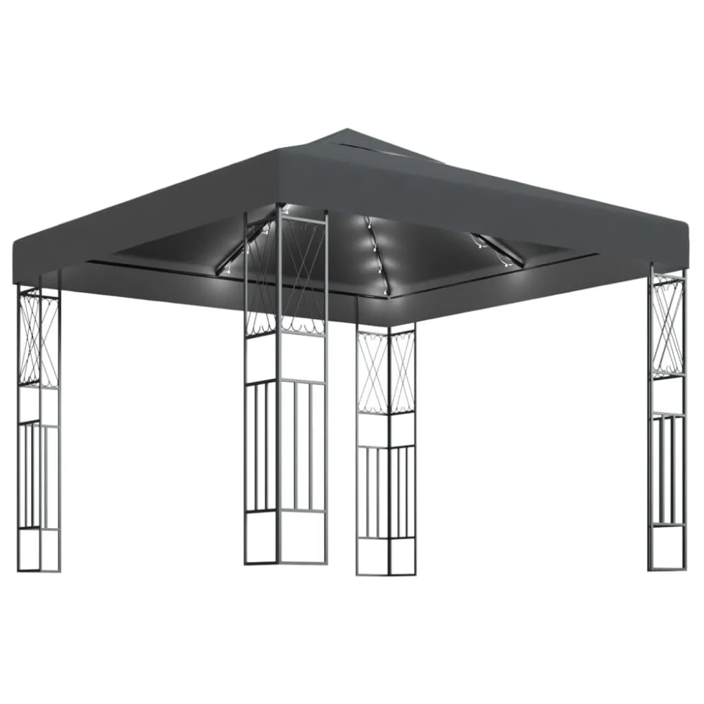Gazebo com cordões de luzes LED 3x3 m tecido antracite com Painel Solar Integrado