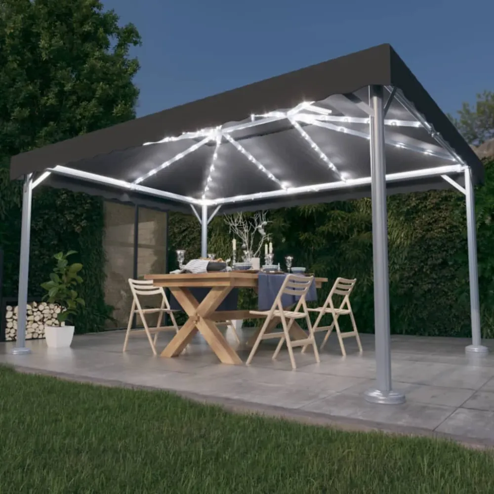 Gazebo com cordões de luzes LED 400x300 cm alumínio antracite para Fachada