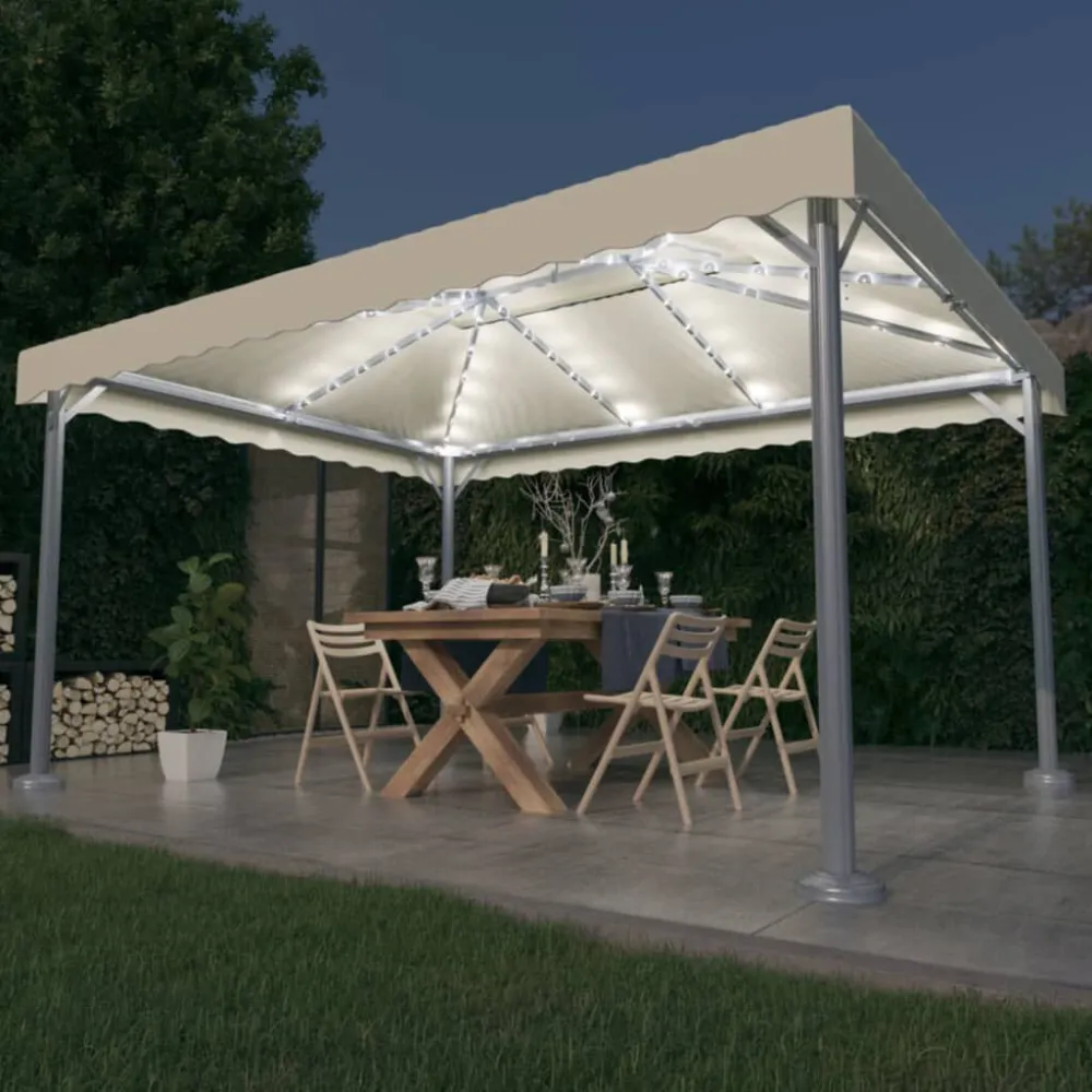 Gazebo com cordões de luzes LED 400x300 cm alumínio cor creme com Sensor de Movimento