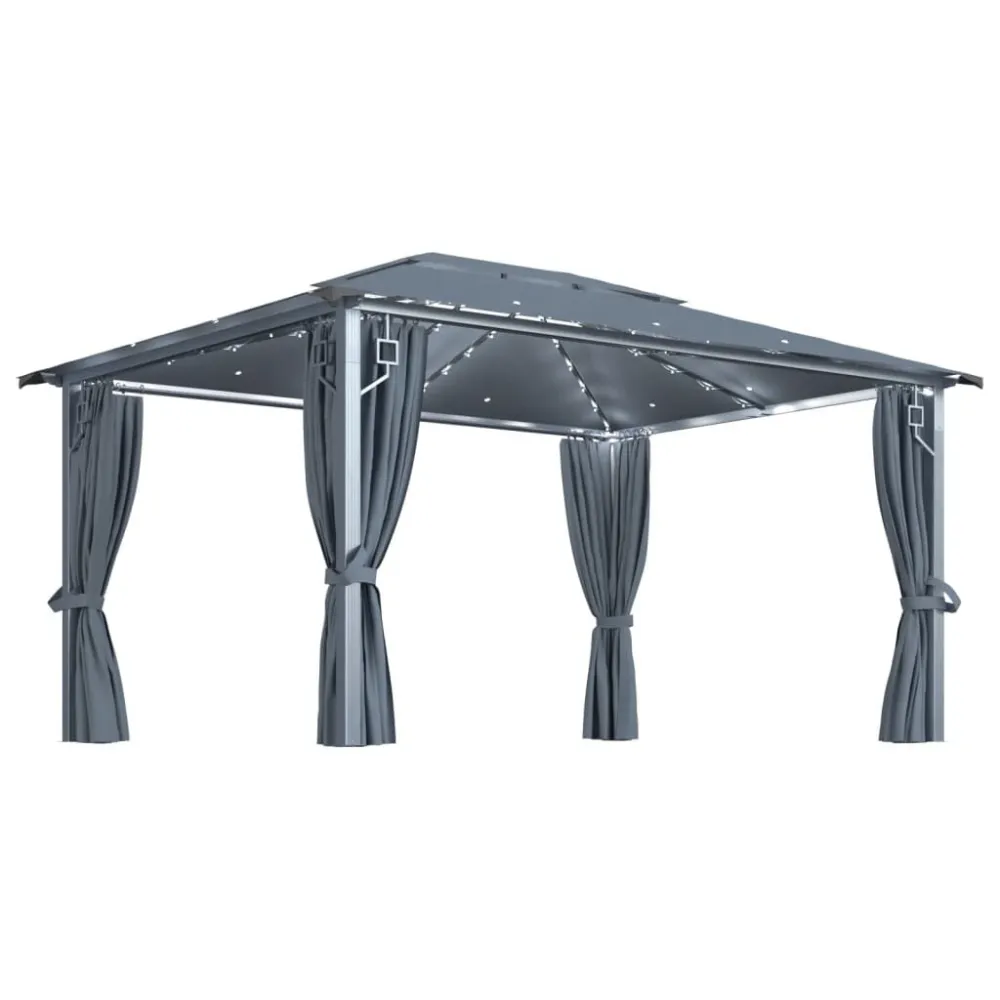 Gazebo com cortinas e cordões luzes LED 4x3 m alumínio antracite Bateria de Lítio
