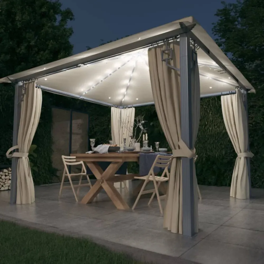 Projetor de Jardim Gazebo com cortinas e cordões de luzes LED 3x3m alumínio creme