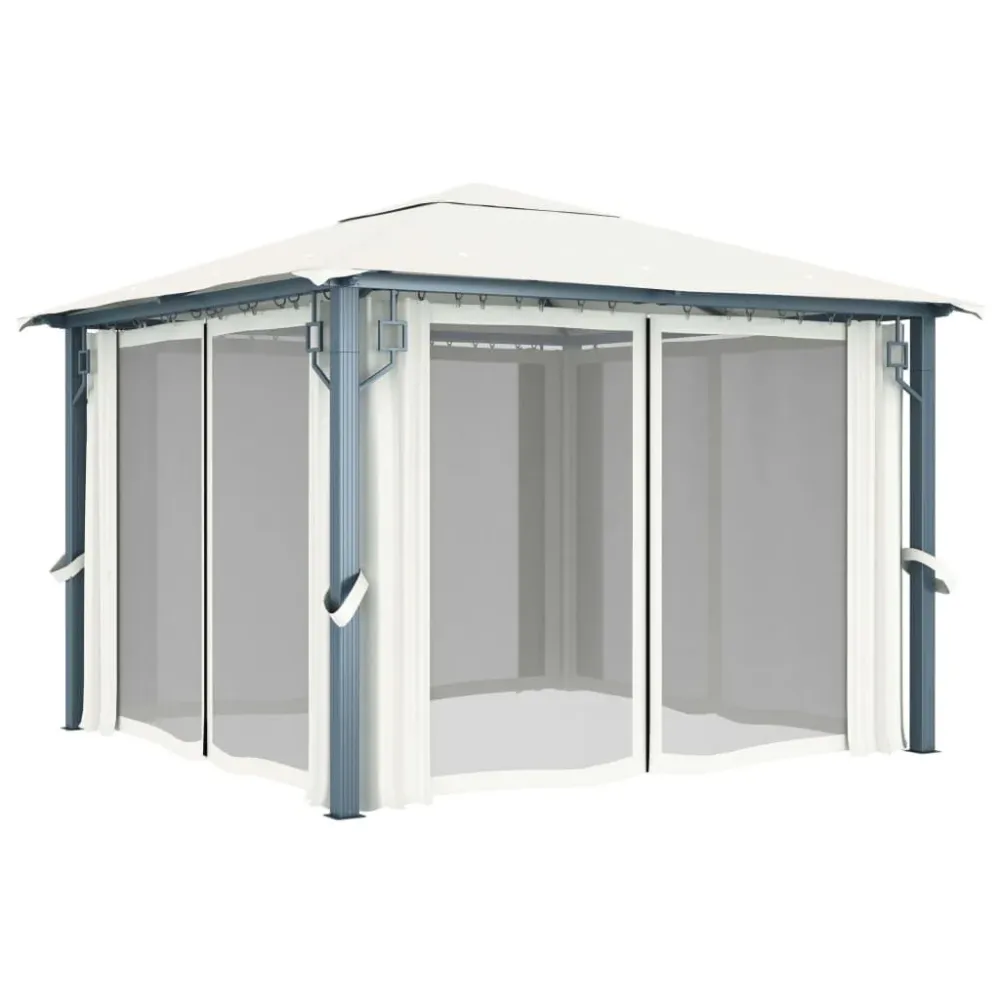 Projetor de Jardim Gazebo com cortinas e cordões de luzes LED 3x3m alumínio creme