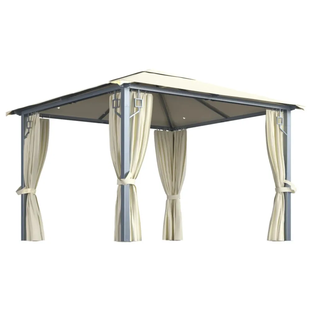 Projetor de Jardim Gazebo com cortinas e cordões de luzes LED 3x3m alumínio creme