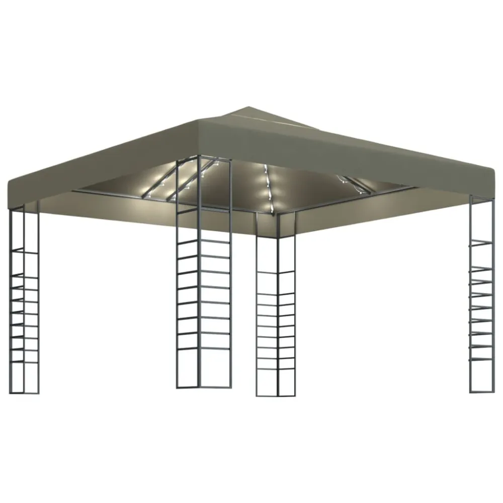 Tenda de jardim com cordões de luzes LED 3x3 m cinza-acastanhado (À Prova de Intempéries)
