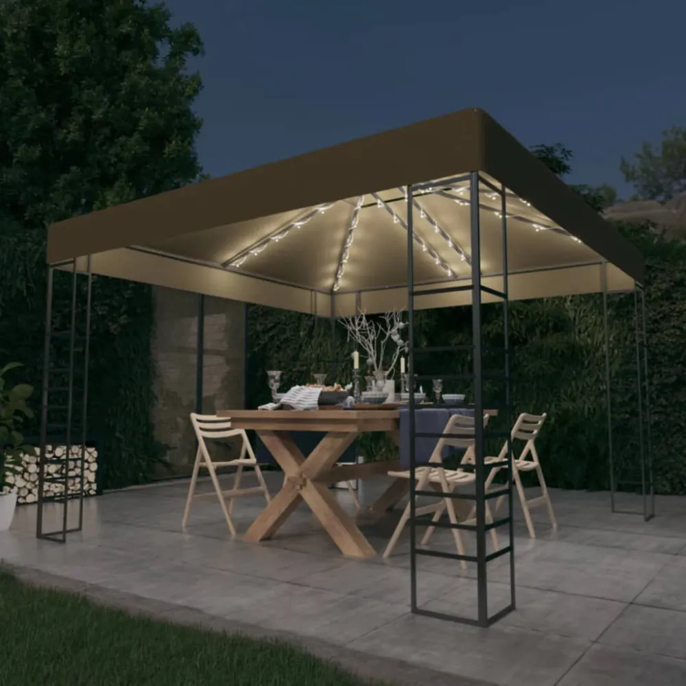 Tenda de jardim com cordões de luzes LED 3x3 m cinza-acastanhado (À Prova de Intempéries)