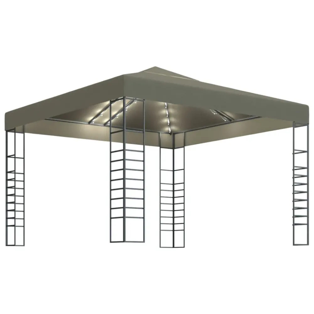 Tenda de jardim com cordões de luzes LED 3x3 m cinza-acastanhado (À Prova de Intempéries)