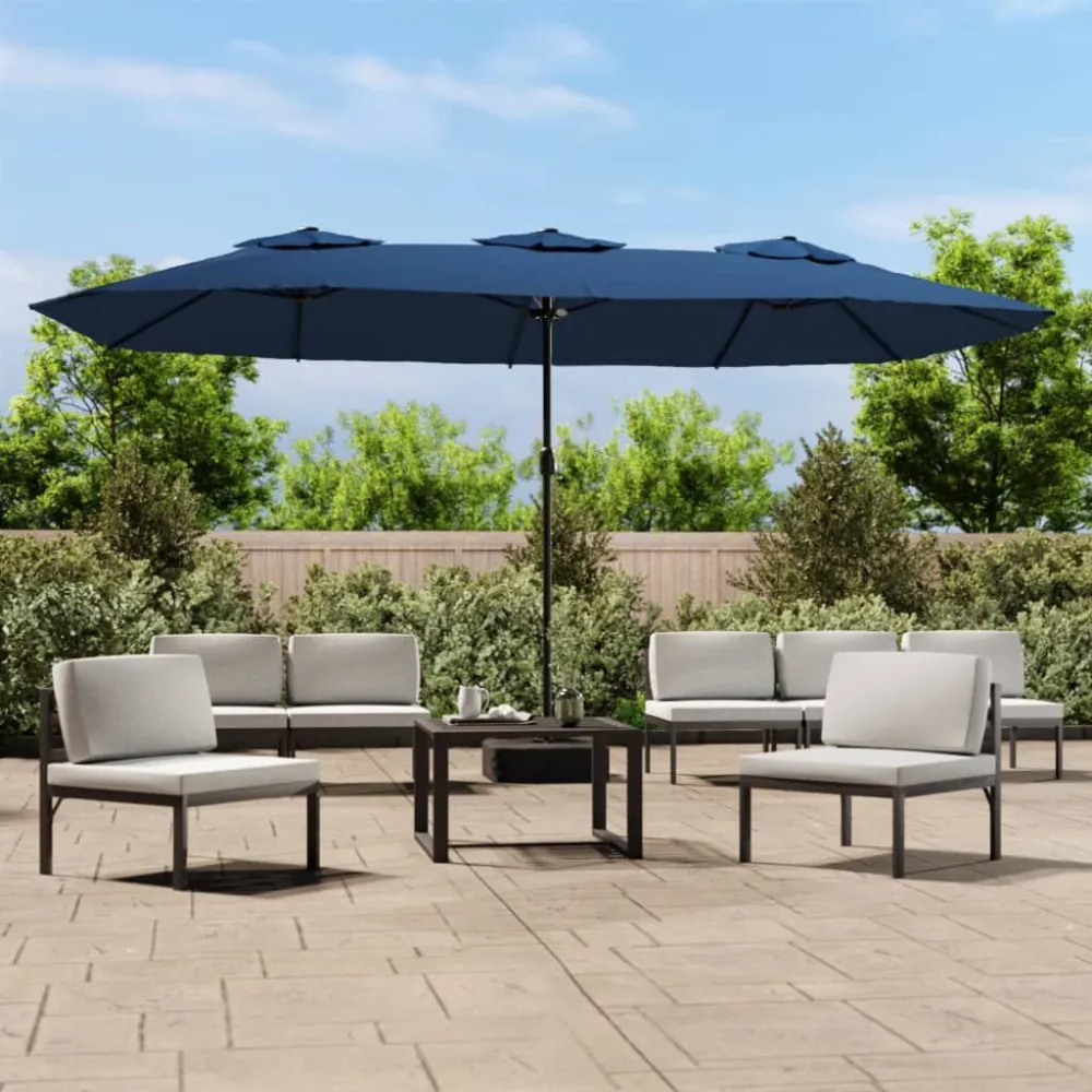 Guarda-sol com cabeç dupla e luzes LED 449x245 cm azul-ciano para Jardim e Quintal