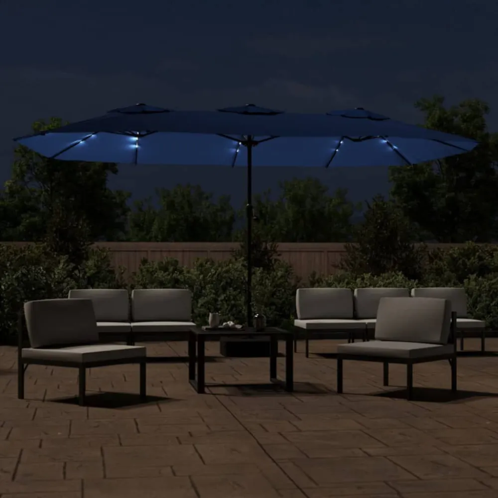 Guarda-sol com cabeç dupla e luzes LED 449x245 cm azul-ciano para Jardim e Quintal