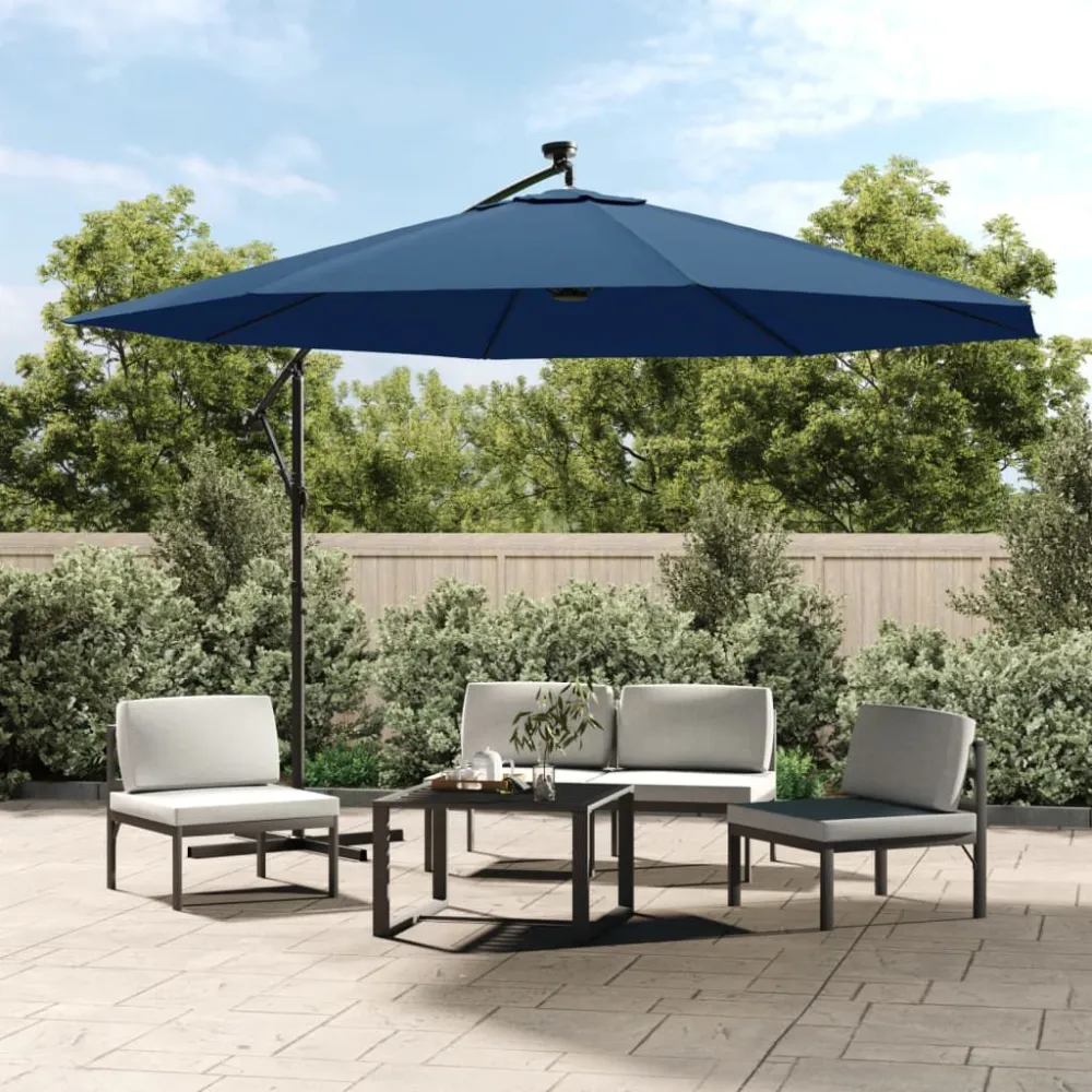 Guarda-sol de jardim cantilever com luzes LED 350 cm azul-ciano Alumínio Fundido