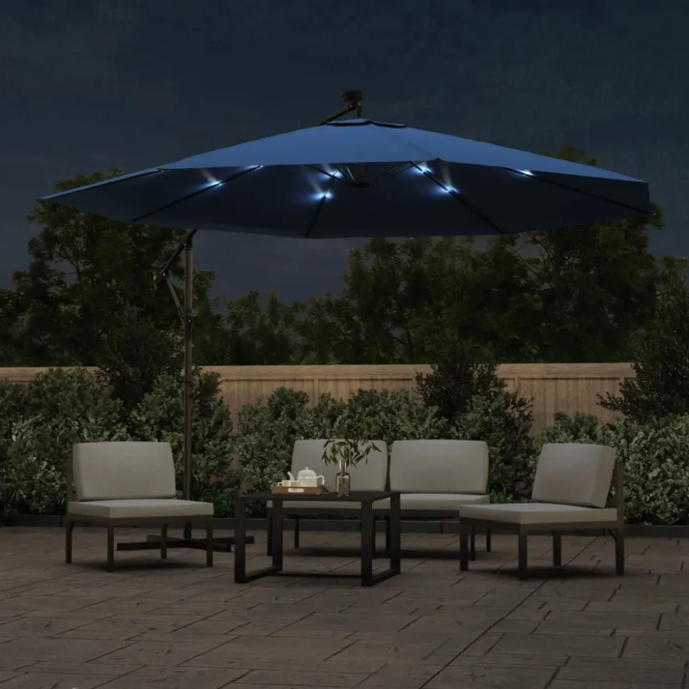 Guarda-sol de jardim cantilever com luzes LED 350 cm azul-ciano Alumínio Fundido
