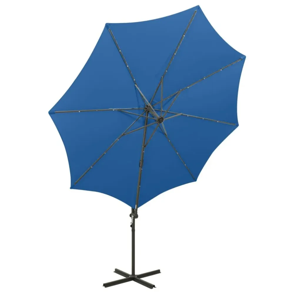 Guarda-sol jardim cantilever poste/luzes LED 300 cm azul-ciano Bateria de Lítio