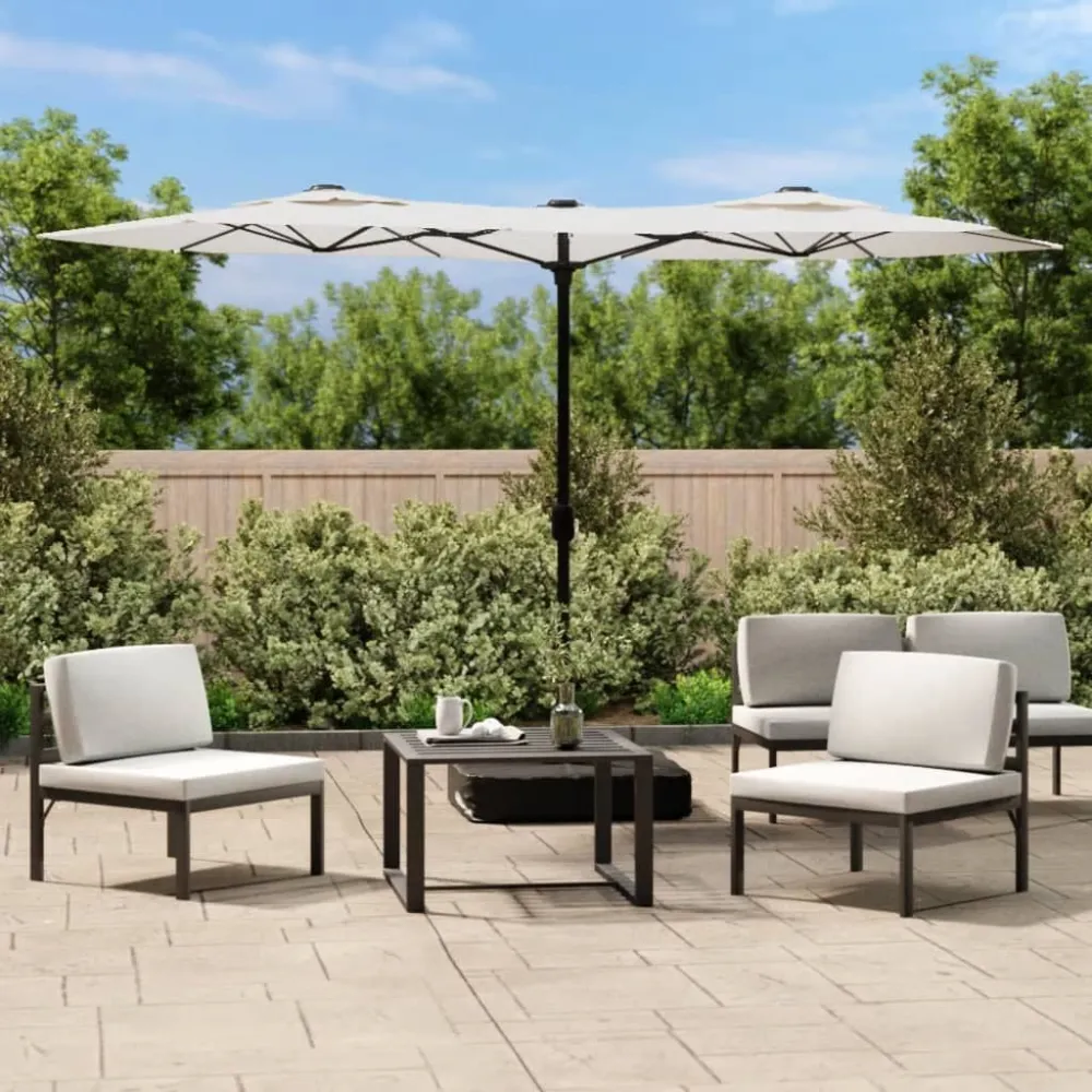 Guarda-sol de jardim com cabeç dupla/LED 316x240cm branco areia | Autônomo | Recarregável