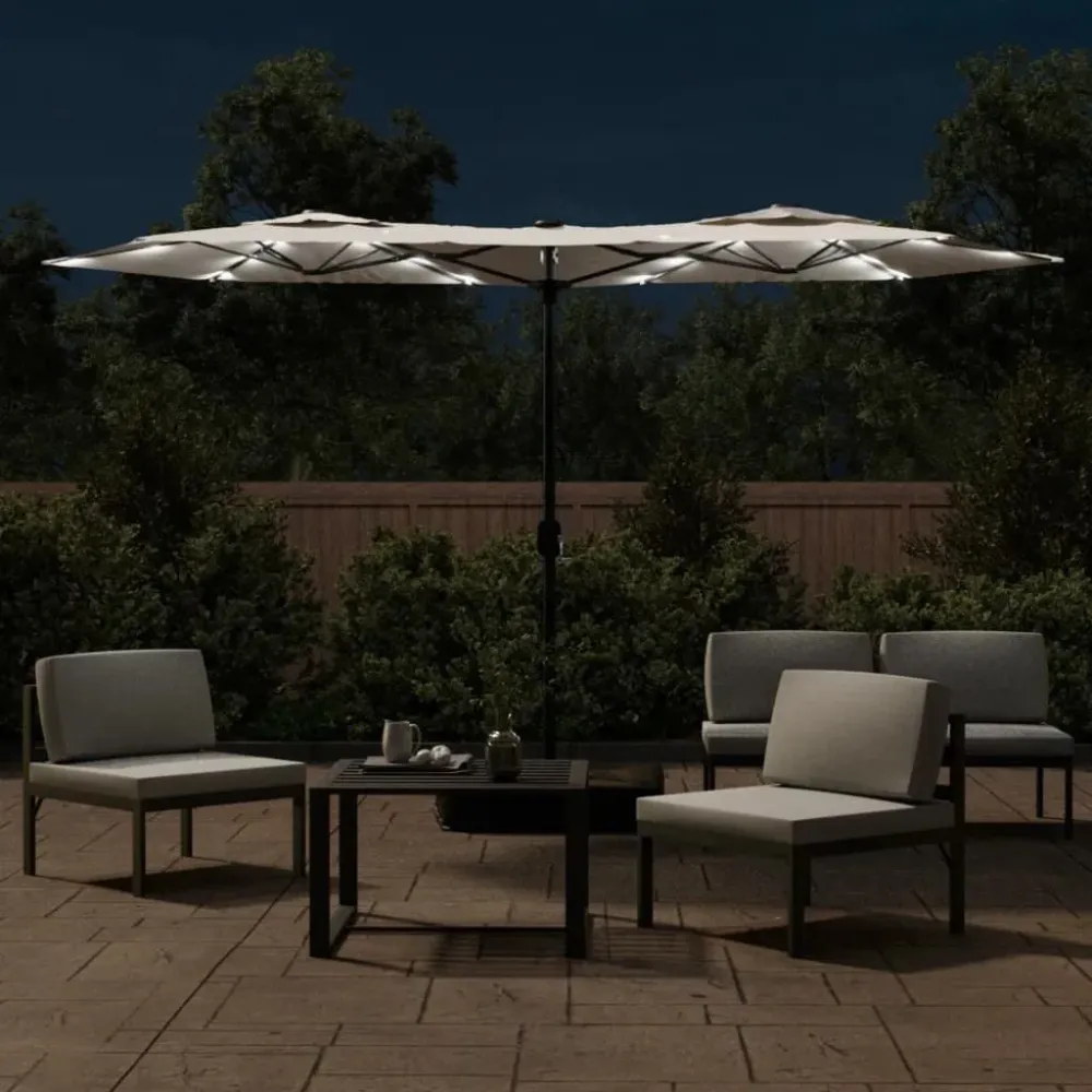 Guarda-sol de jardim com cabeç dupla/LED 316x240cm branco areia | Autônomo | Recarregável