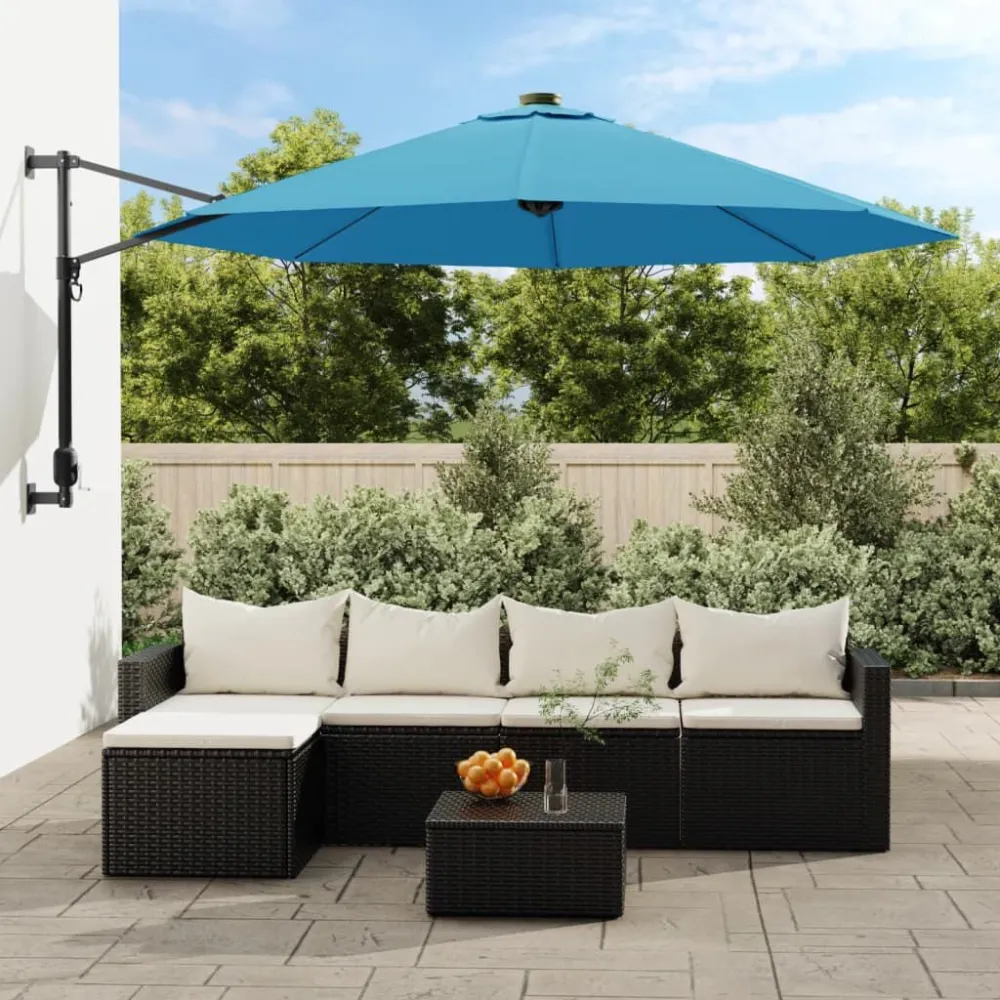Guarda-sol de parede com luzes LED 290 cm azul-mar com Grau de Proteção IP67