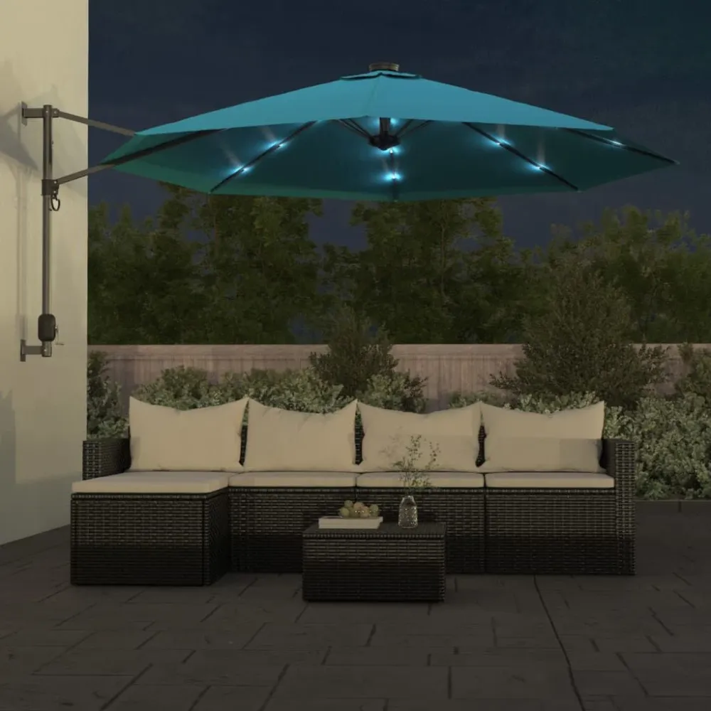 Guarda-sol de parede com luzes LED 290 cm azul-mar com Grau de Proteção IP67