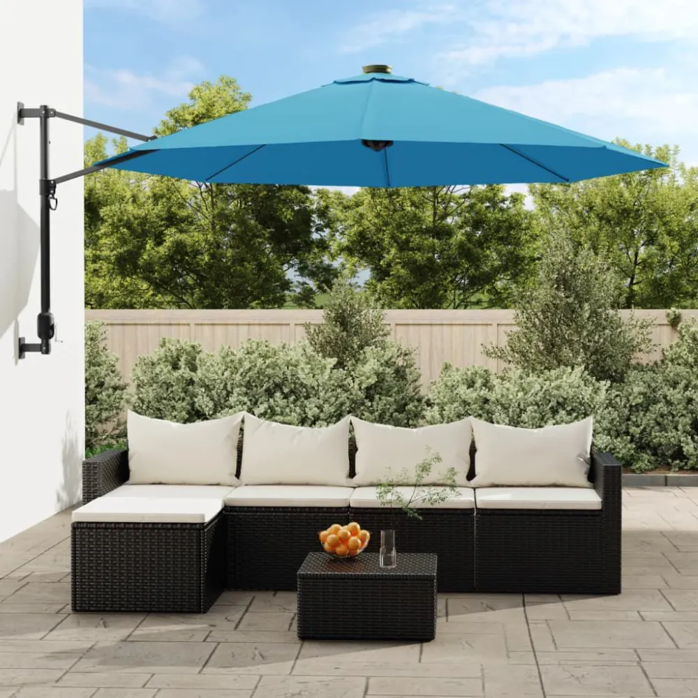 Guarda-sol de parede com luzes LED 290 cm azul-mar com Grau de Proteção IP67