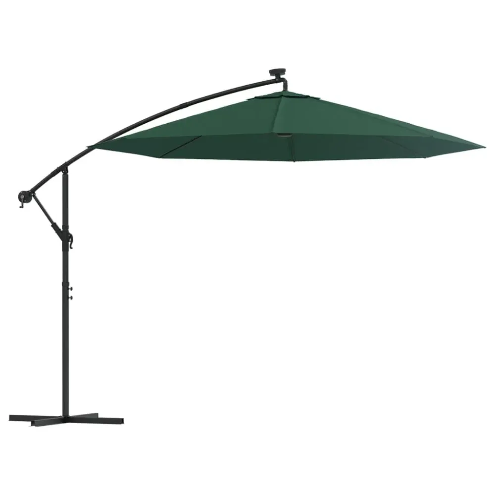 Guarda-sol suspenso com iluminação LED 300 cm verde mastro metálico com Painel Solar Integrado