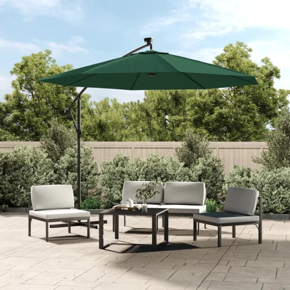 Guarda-sol suspenso com iluminação LED 300 cm verde mastro metálico com Painel Solar Integrado