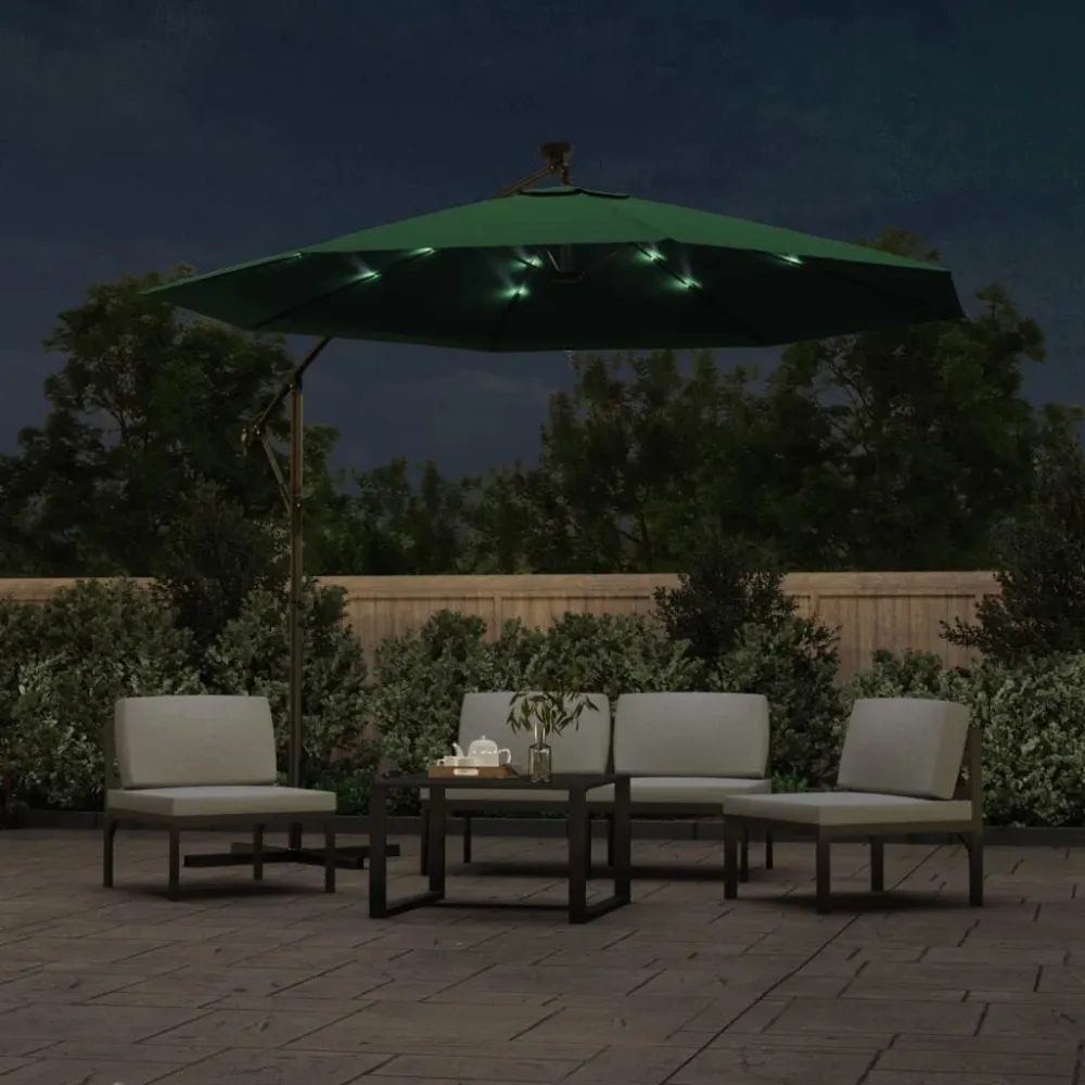Guarda-sol suspenso com iluminação LED 300 cm verde mastro metálico com Painel Solar Integrado