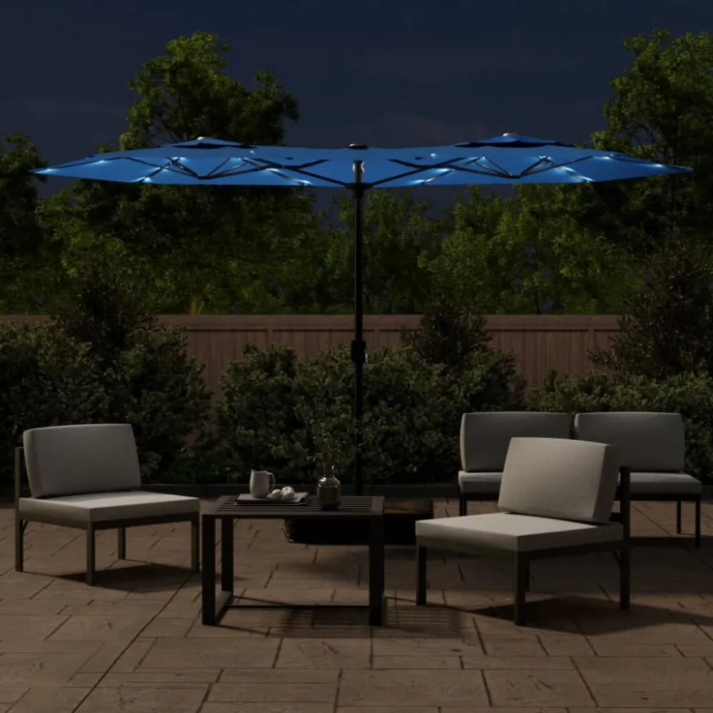 Resistente à Intempérie Guarda-sol de jardim com cabeç dupla/LED 316x240 cm azul-ciano
