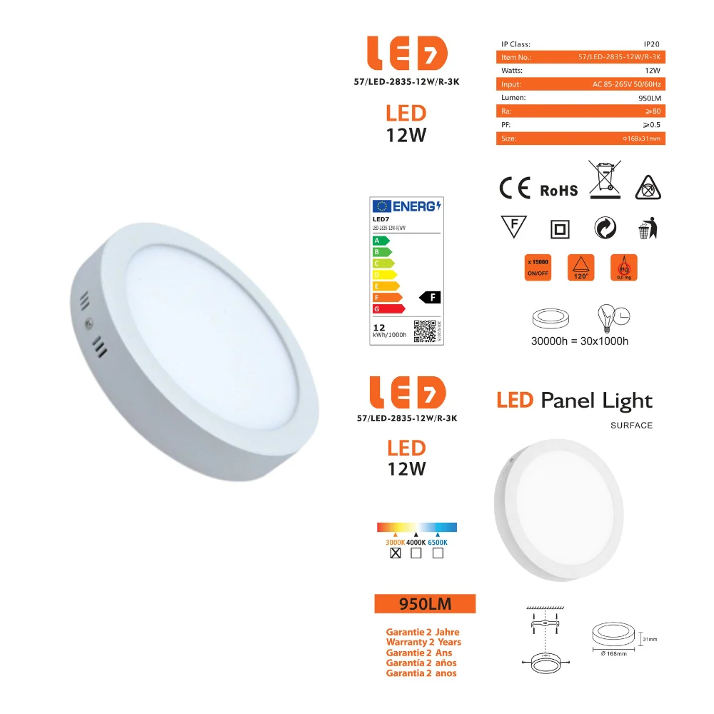 Plafon Redondo Saliente Branco 12W 950lm Ø170mm
