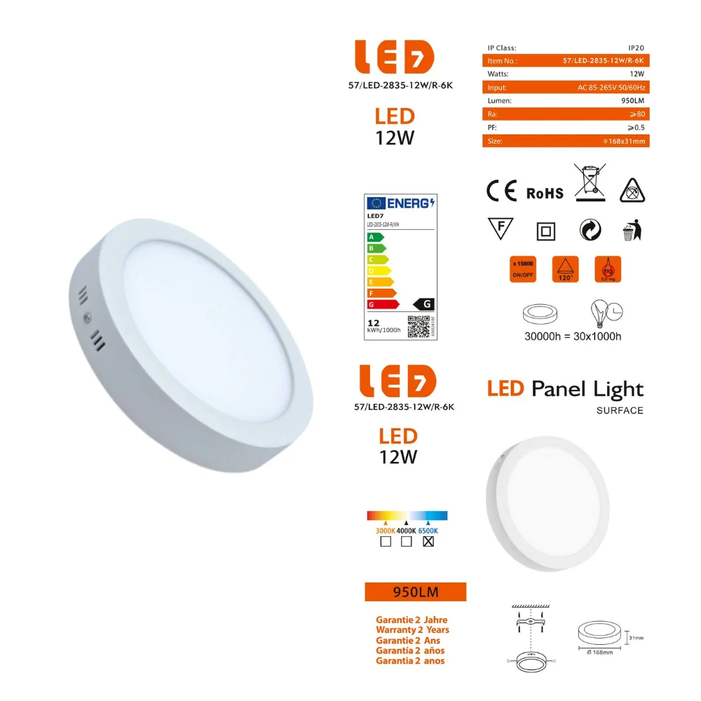 Plafon Redondo Saliente Branco 12W 950lm Ø170mm