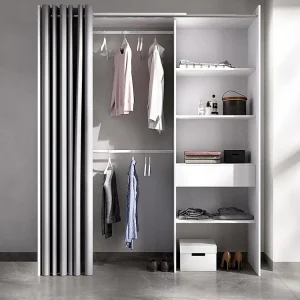 Roupeiro aberto extensível C110/160 cm com cortina e gaveta branco e cinza. LAURENT