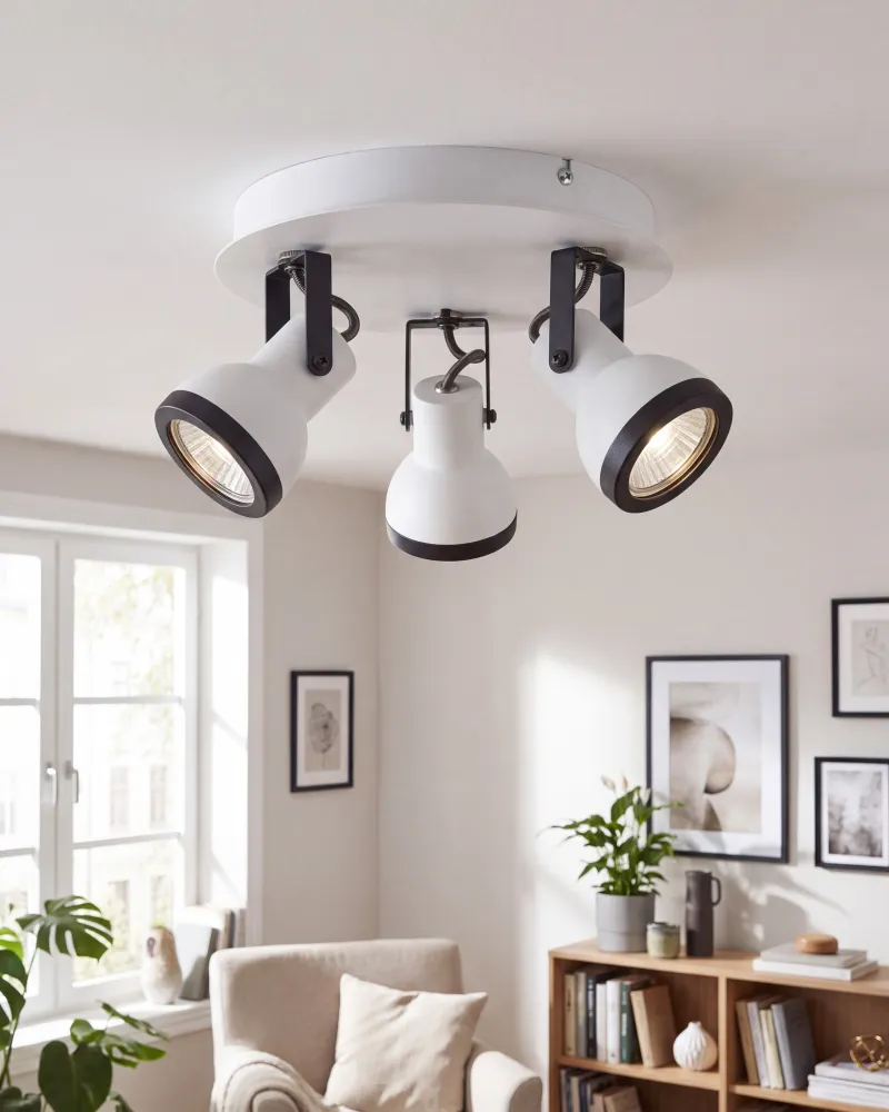 Candeeiro de teto em metálico preto e branco 3 luzes BARO