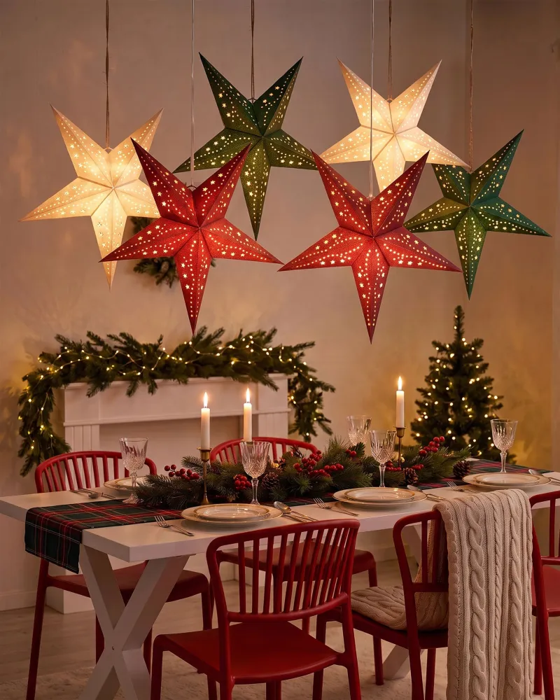 Kit Completo de Instalação Conjunto de 2 estrelas de papel com LED em vermelho cintilante 45 cm MOTTI