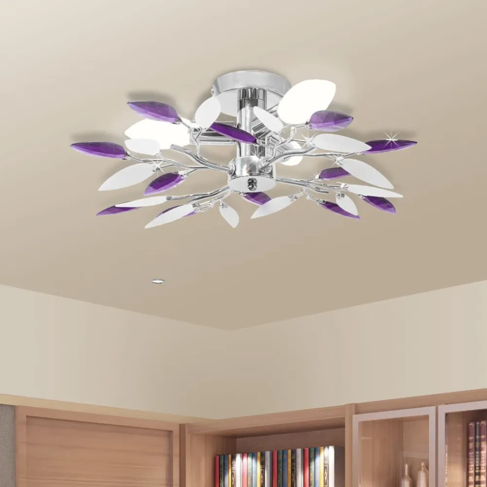 Lâmpada teto com folhas de acrílico e cristal branco & lilás, 3 E14 Alumínio Anodizado