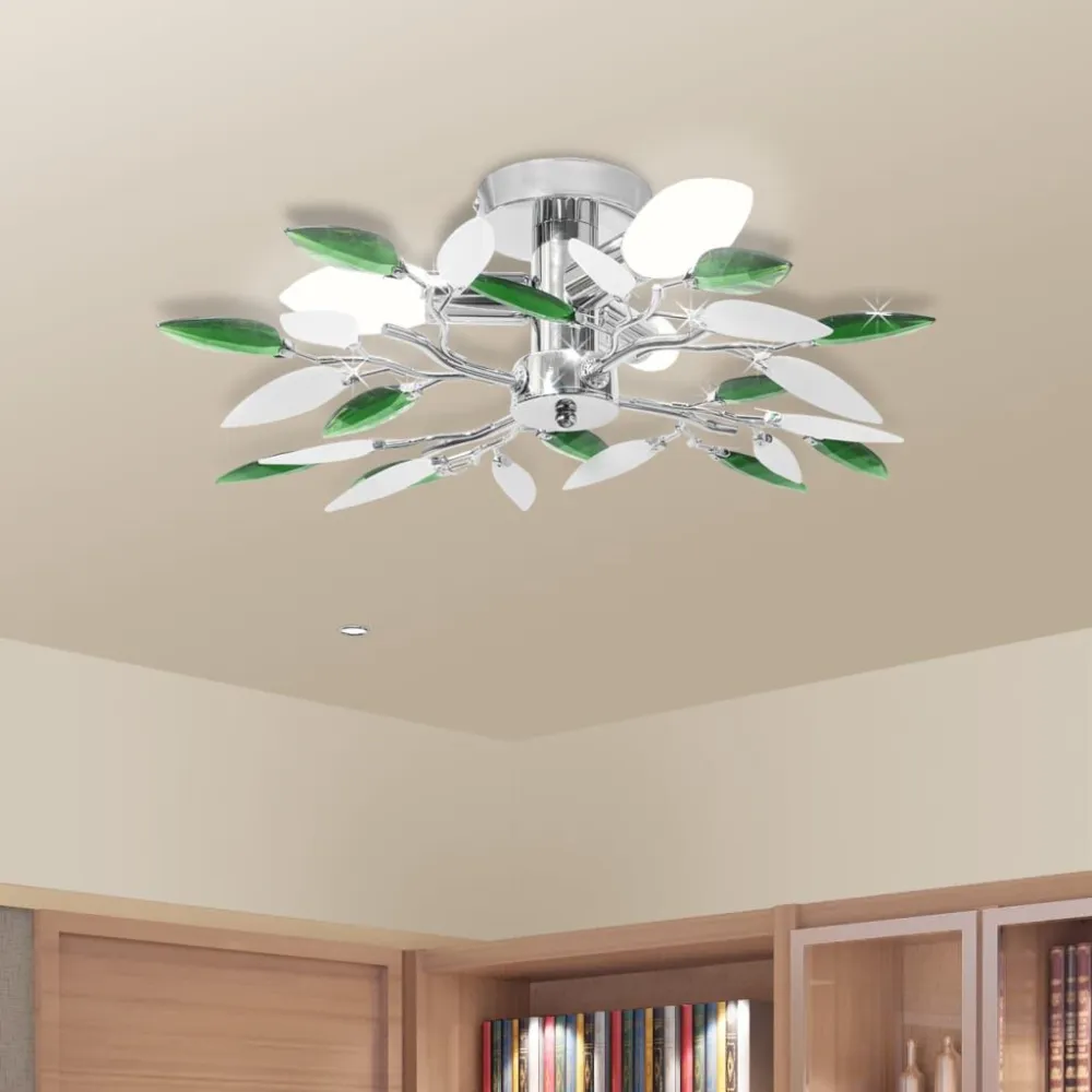 Lâmpada teto com folhas de acrílico e cristal branco & verde, 3 E14 Alumínio Anodizado