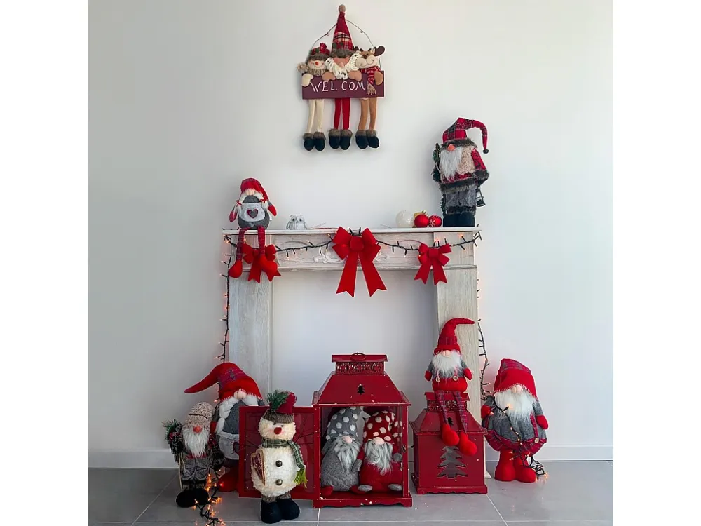 Ornamento de Natal em Tecido Cinzento Vermelho Gnomo de Pernas Compridas 67x10x14 com Sensor de Movimento